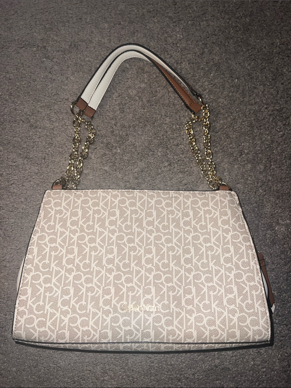 Calvin Klein Cream Monogram Shoulder Bag with Gold Chain Straps